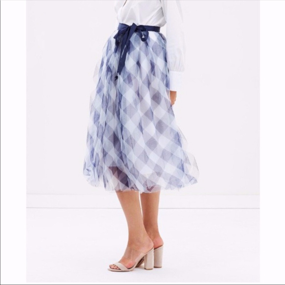 J.Crew Gingham Tulle Midi Skirt Blue White